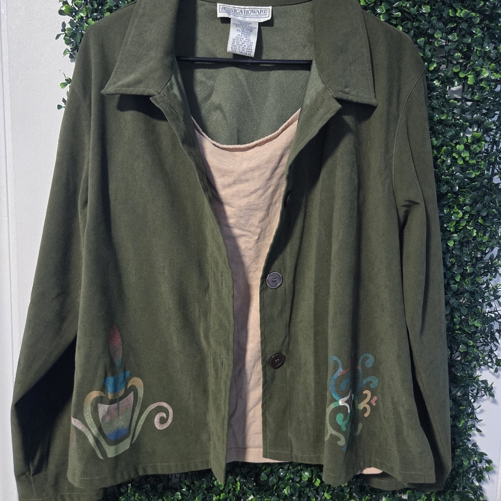 Jessica Howard Vintage Green Faux Suede Shirt Jacket Size 14 - Picture 5 of 7